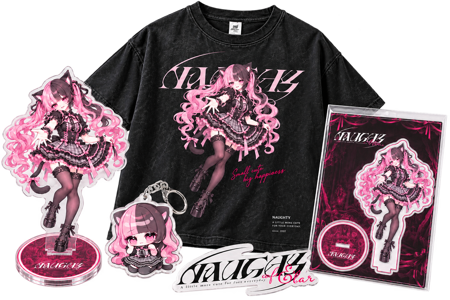 NAUGHTYのTシャツ・アクリルスタンド・キーホルダーなどのグッズ集合画像